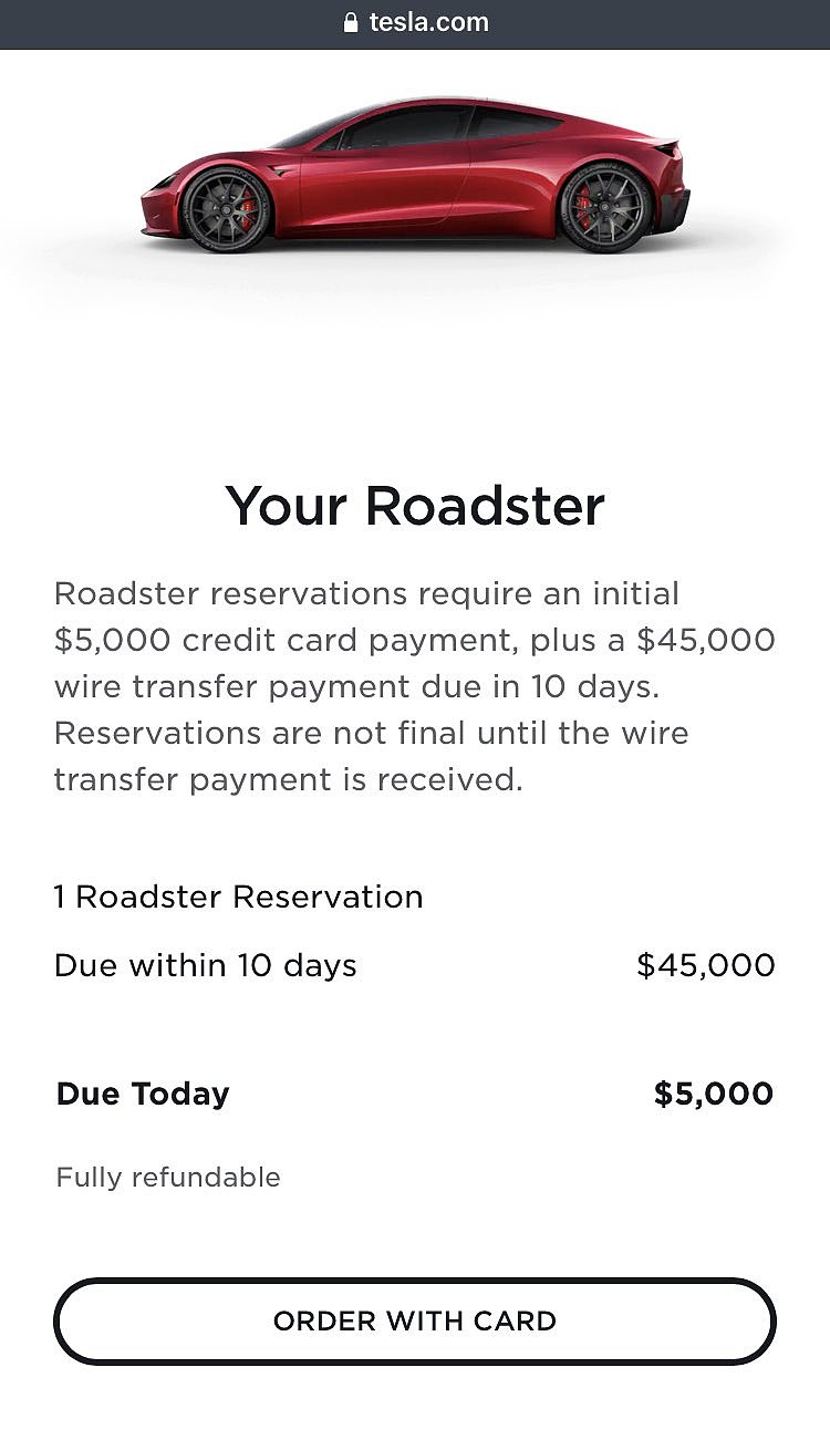 特斯拉重新开放Roadster预订，需要5万美元押金 - 1
