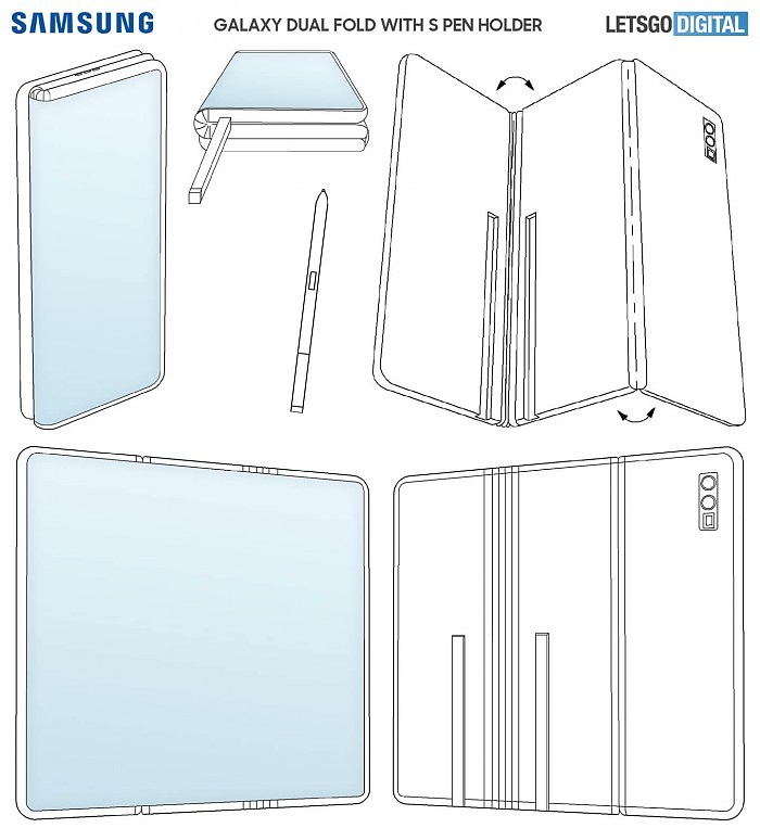 新专利文件展示了三星Galaxy双折叠手机与S Pen支架 - 2