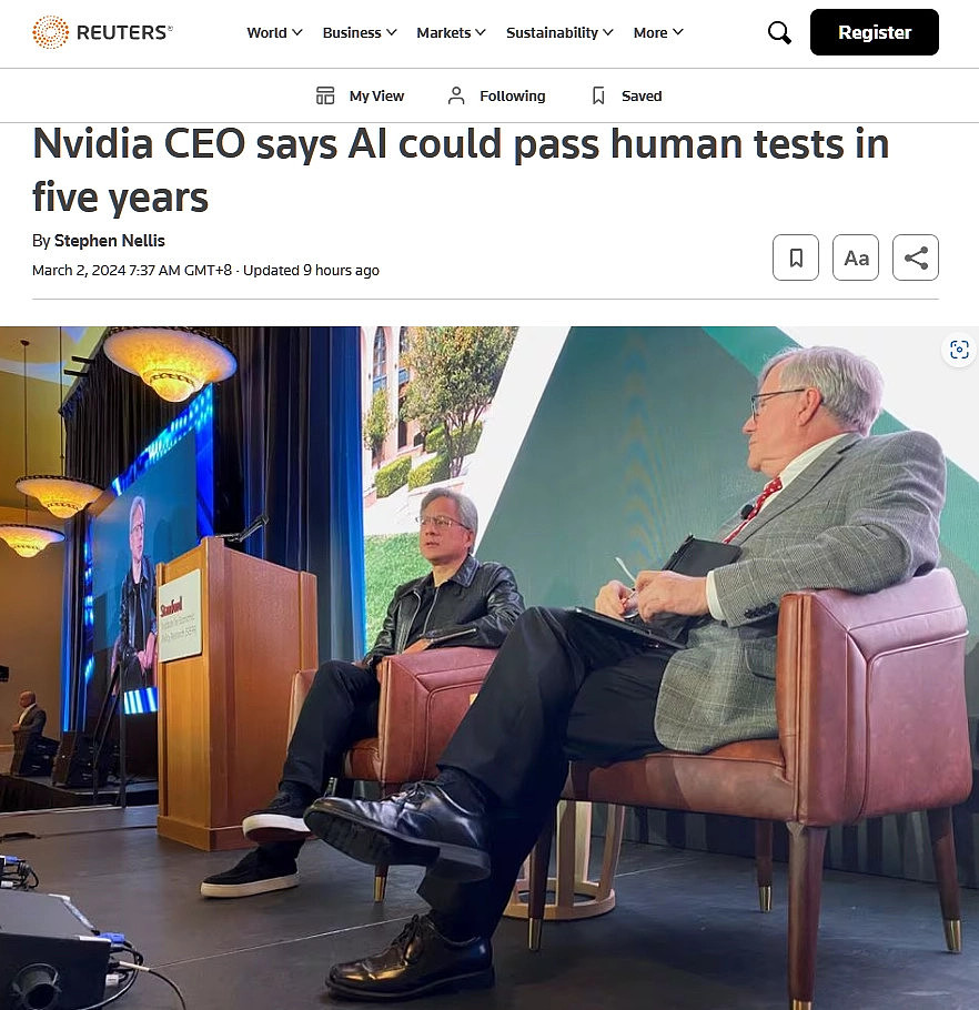 你别骗我?黄仁勋：通用人工智能预计五年内问世 可通过任何人类测试 - 1