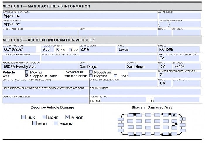 加州DMV报告：8月苹果自动驾驶汽车在手动驾驶下发生两起轻微事故 - 1