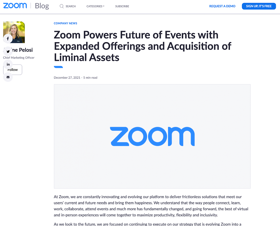 Zoom并购活动管理公司Liminal，眼界不止于视频会议 - 1