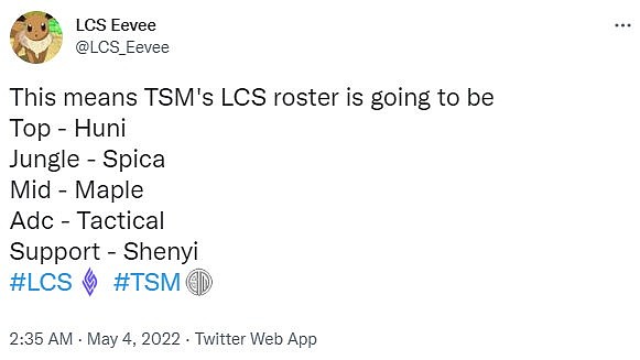 外媒爆料TSM夏季赛大名单：Maple将加盟队伍、Shenyi保持首发 - 1