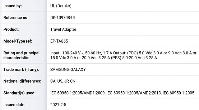 Samsung 65W charger UL (Demko) certificate