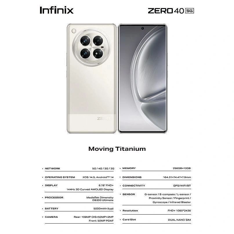 传音 Infinix Zero 40 手机曝光：联发科天玑 8200 Ultimate 芯片、1.08 亿主摄、5000mAh 电池 - 2