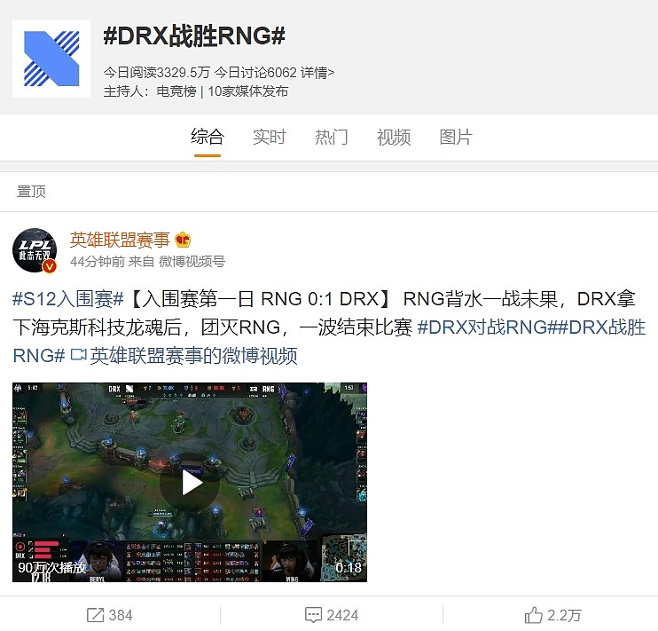 DRX战胜RNG词条冲上微博热搜榜第一 - 2