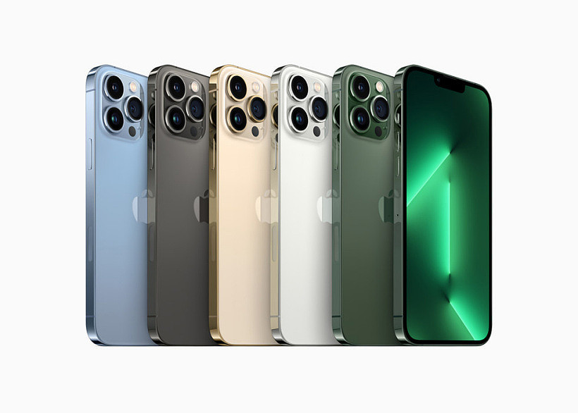 远峰蓝色、石墨色、金色、银色和全新苍岭绿色 iPhone 13 Pro