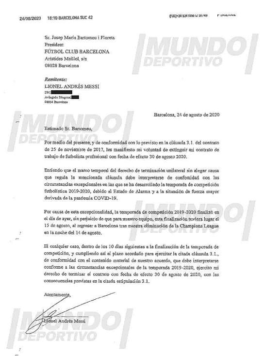 世体披露梅西去年给巴托梅乌发的传真：离队条款有效期应延长