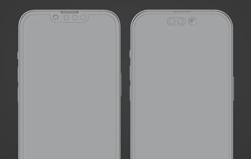 iPhone 13 Pro 渲染图（左）和 iPhone 14 Pro 渲染图（右）