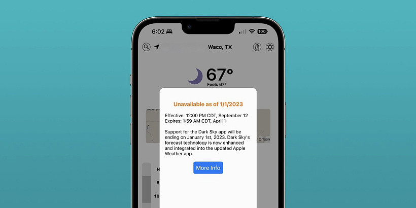 苹果旗下天气应用 Dark Sky iOS 版将于明年停止运营，功能已集成到 iOS 16 天气中 - 1