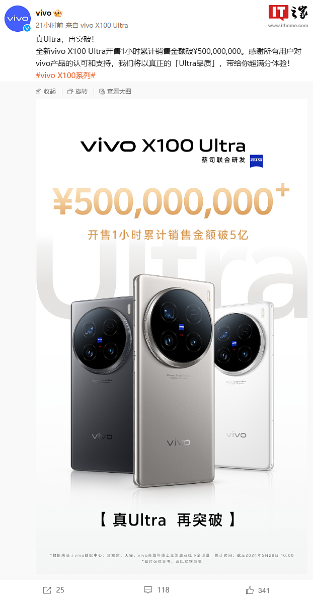 vivo X100 Ultra 手机开售 1 小时销售额突破 5 亿元 - 1