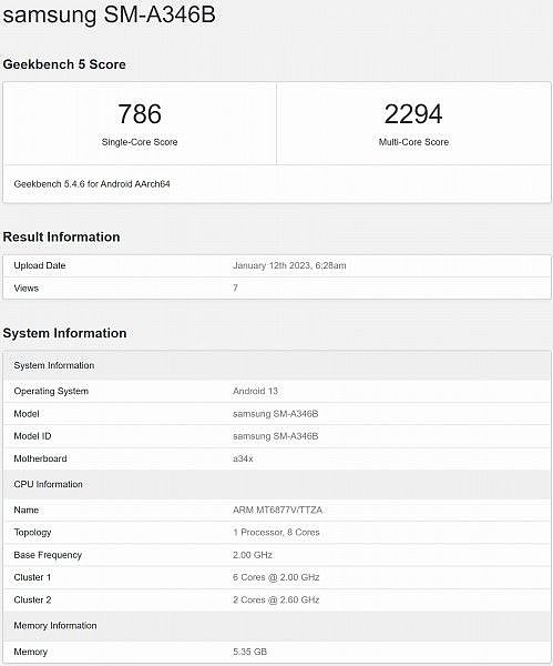 三星 Galaxy A34 5G 现身跑分库：联发科天玑 1080 八核芯片 + 6GB 内存 - 2