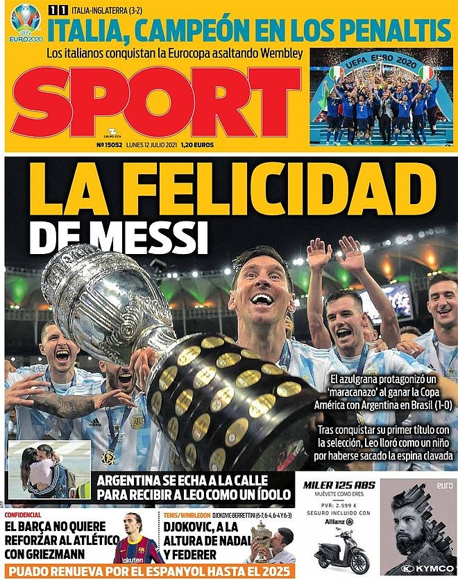 西甲今日头版：梅西首次随阿根廷夺冠 意大利温布利登上欧洲之巅 - 4