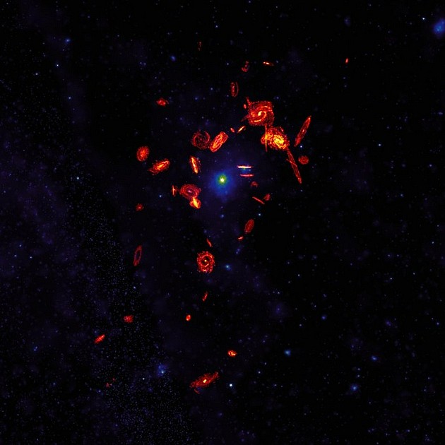 “室女座环境一氧化碳追溯调查”（Virgo Environment Traced in Carbon Monoxide Survey，简称VERTICO）项目观测了室女座星系团51个星系的气体层，发现该星系团中的极端环境正在剥夺星系形成恒星的燃料，从而“杀死”它们。在这张合成图像中，ALMA对VERTICO星系分子气体盘的无线电波长观测图像被放大了20倍，它们叠加在室女座星系团内部热等离子体的X射线图像上