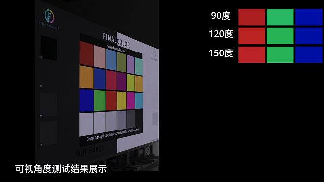 可视角度测试实拍，屏幕展现了色卡、黑白色