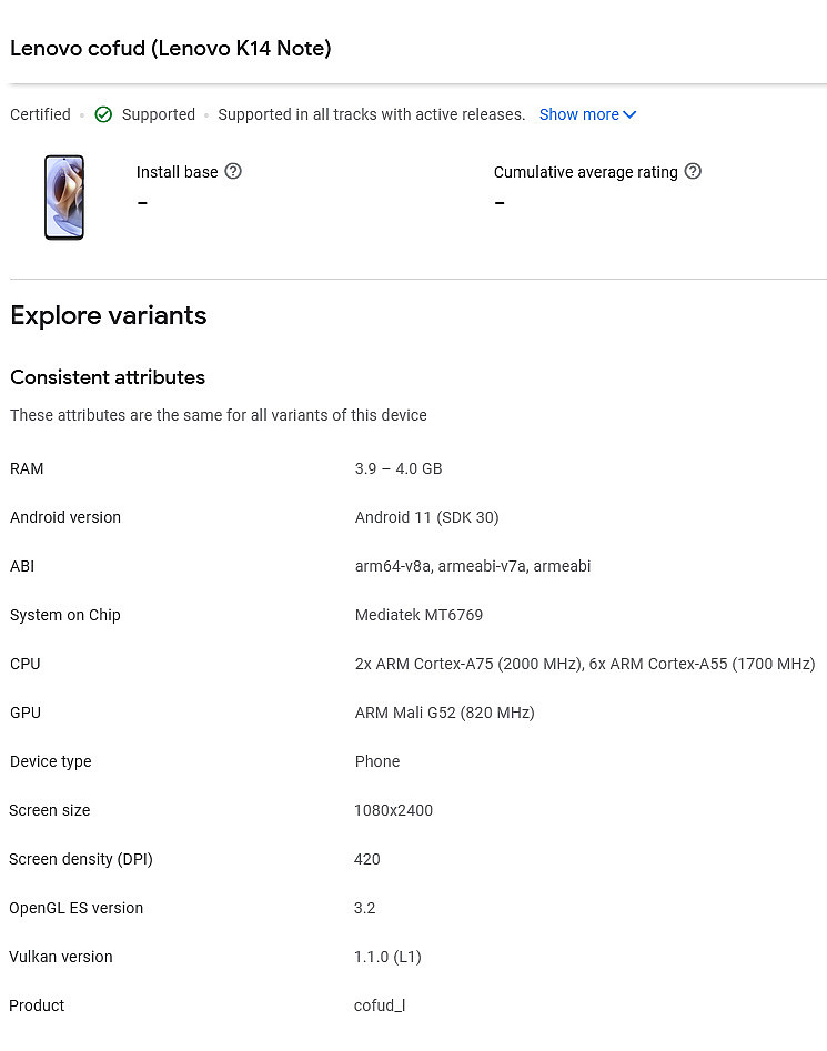 联想 K14 / K14 Note 手机现身 Google Play 控制台：搭载紫光展锐 T606 / 联发科 MT6769 芯片 - 4