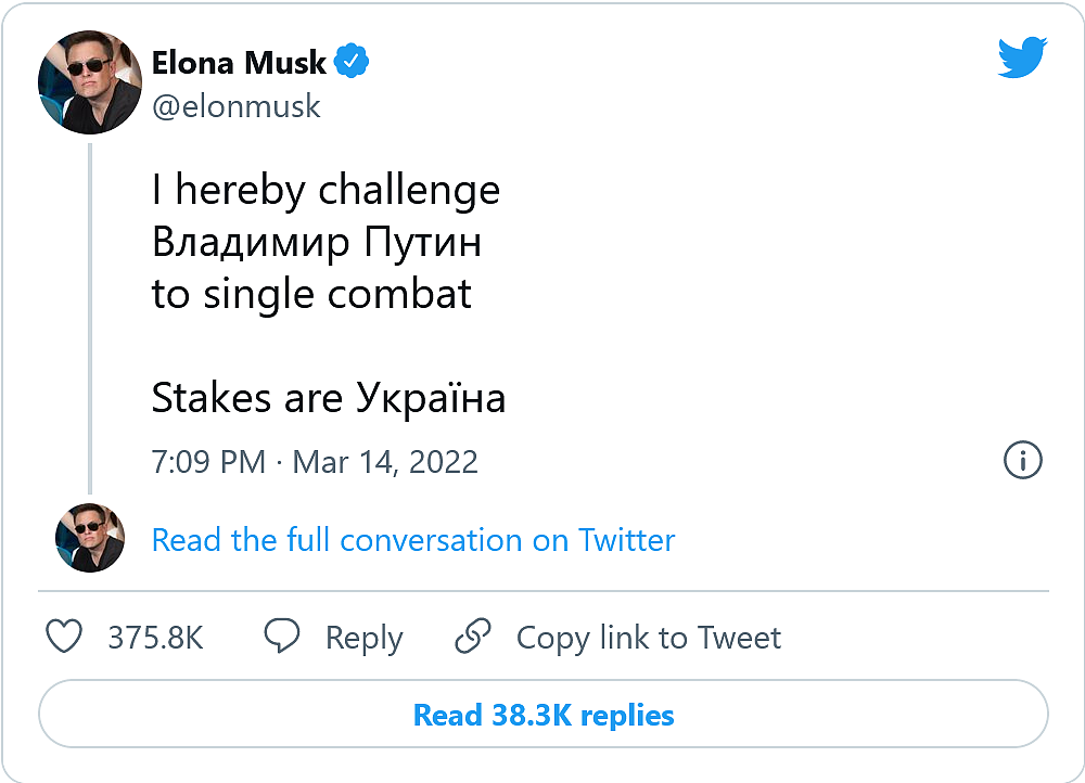 “单挑”普京仍不死心：马斯克将Twitter显示名改为Elona Musk - 1