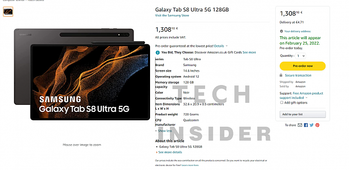 亚马逊泄露三星Galaxy Tab S8 Ultra价格：9400元 - 1