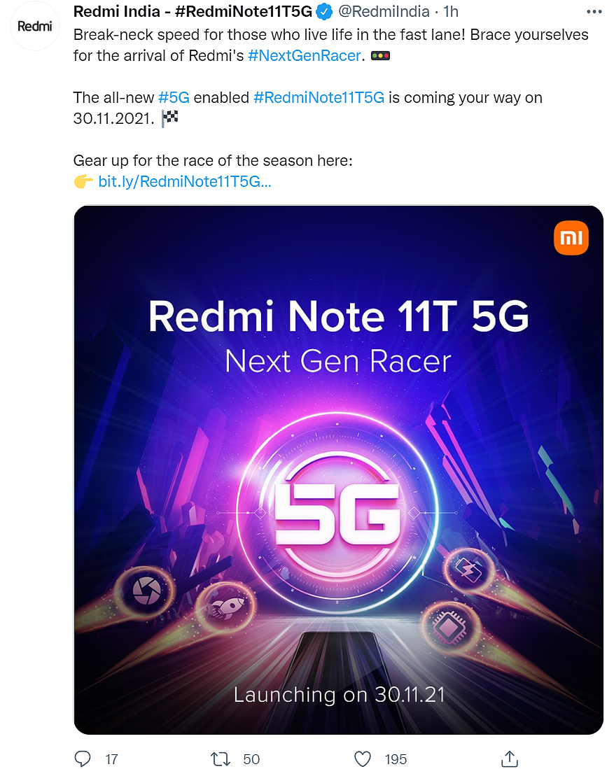 Redmi Note 11T 5G 官宣：将于 11 月 30 日在印度推出 - 2