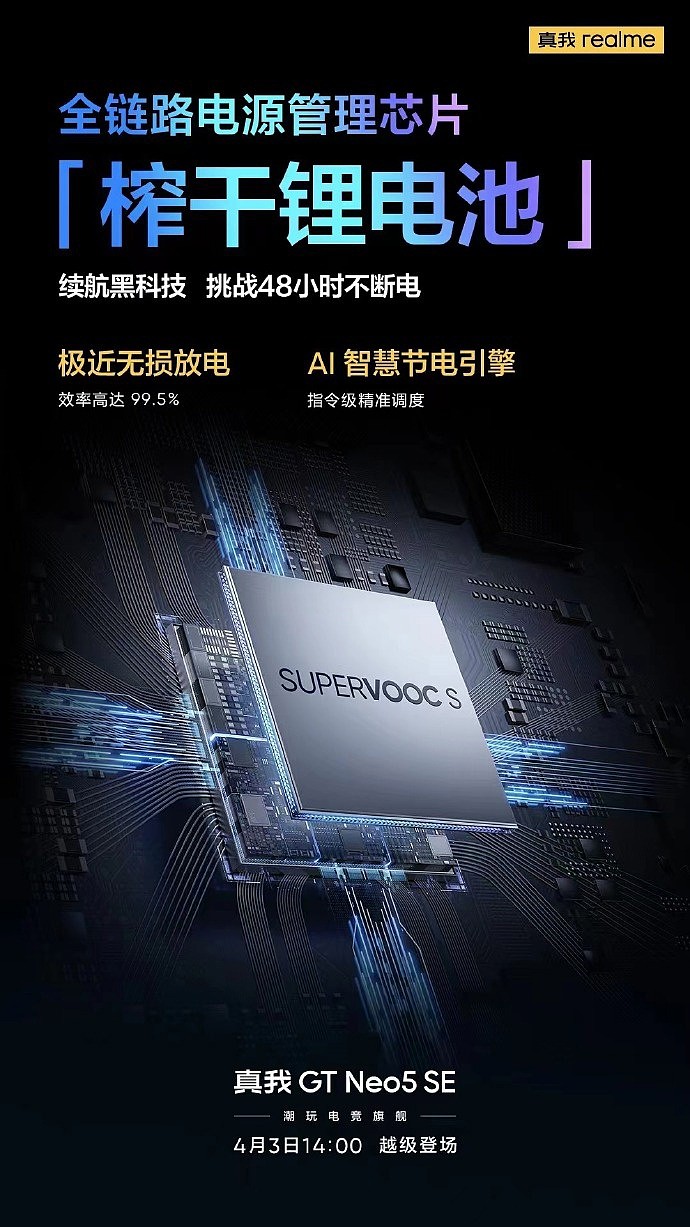 realme GT Neo5 SE 手机搭载 SUPERVOOC S 电源管理芯片：“榨干”锂电池，放电效率达 99.5% - 2