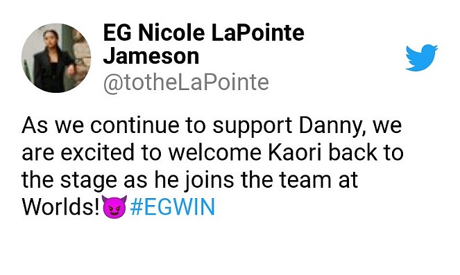 EG官方：Danny将作为替补参加S12 Kaori以主力身份出征世界赛 - 1
