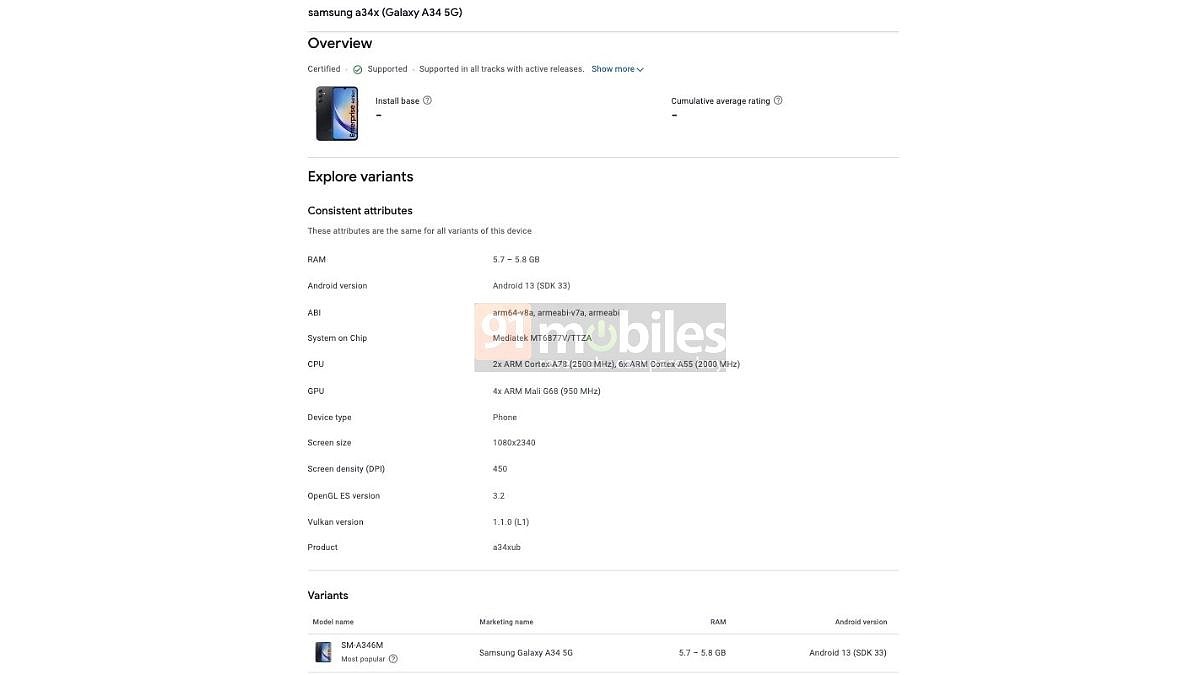 三星 Galaxy A34 5G 手机现身 Google Play Console：联发科天玑 1080 芯片 + 6GB 内存 - 1