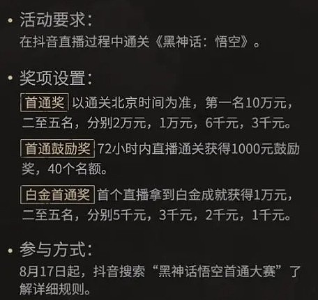 抖音《黑神话·悟空》开启速通大赛，第一个直播首通奖励10万元！ - 2