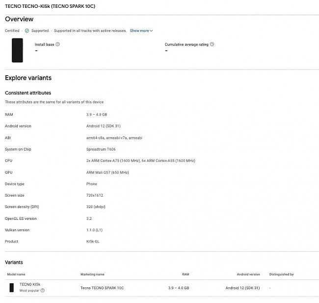 传音 Tecno Spark 10C 新手机现身 Google Play 管理中心：搭载紫光展锐 T606 芯片 - 1