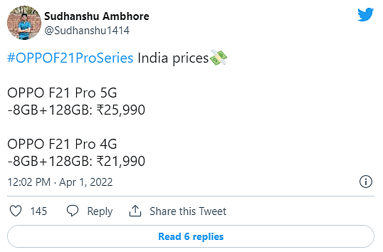 OPPO F21 Pro 4G / 5G 新手机在印度售价曝光：约 1850 元起 - 2