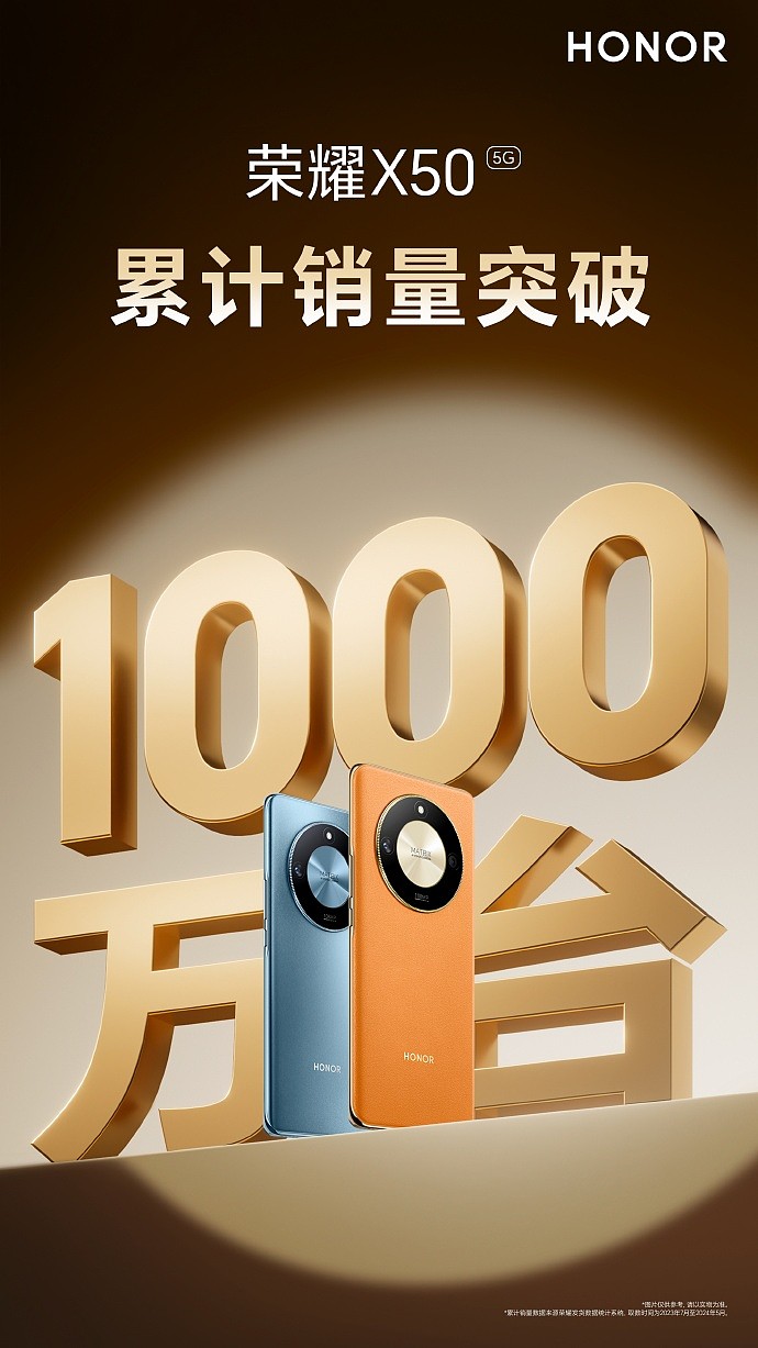 荣耀 X50 手机中国市场销量突破 1000 万，用时 10 个月 - 2