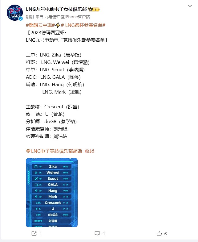 LNG公布德杯参赛名单：主力全上！Zika/小Wei/Scout/Gala/Mark/航 - 2
