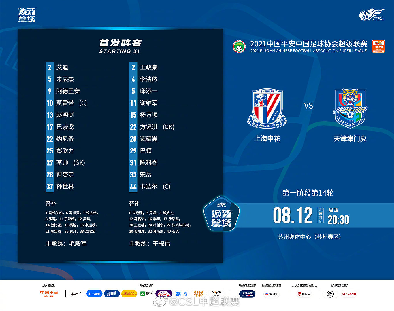 上海申花vs津门虎首发：莫雷诺、巴索戈先发，卡达尔、巴顿出战 - 1