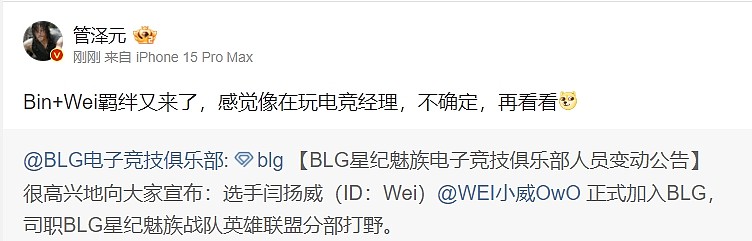 管泽元看Wei加入BLG：Bin+Wei羁绊又来了，感觉像在玩电竞经理 - 1