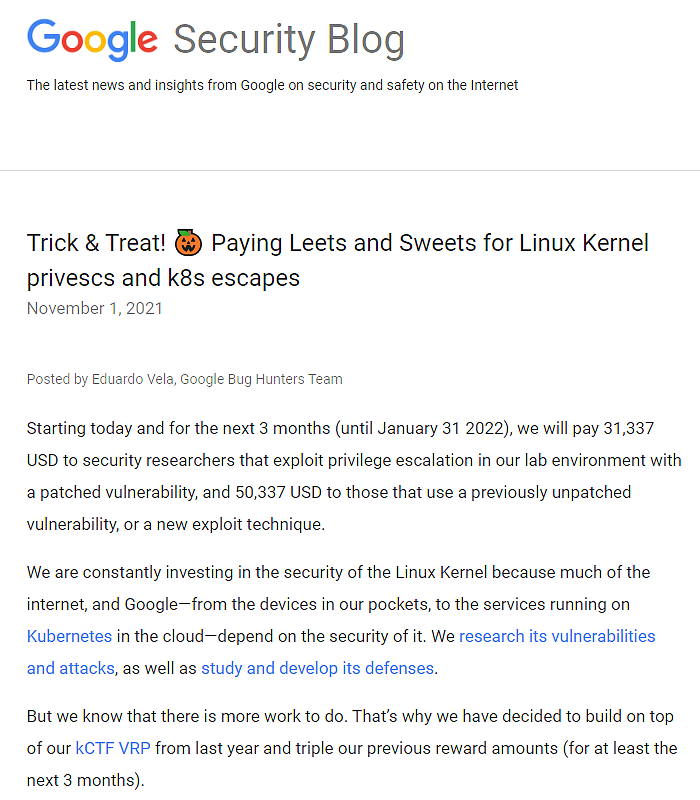 谷歌提升Linux内核漏洞赏金 分为31337和50337美元两档 - 1