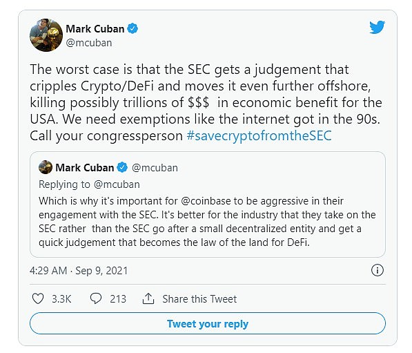 面对SEC警告起诉Mark Cuban敦促：Coinbase应积极回应，继续进攻 - 1
