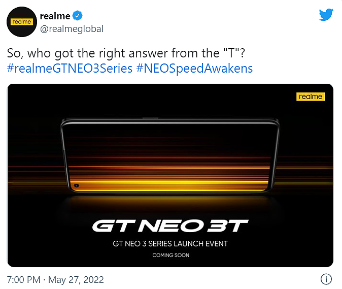 realme GT Neo 3T 海外官宣：搭载骁龙 870，左上角打孔屏 - 1