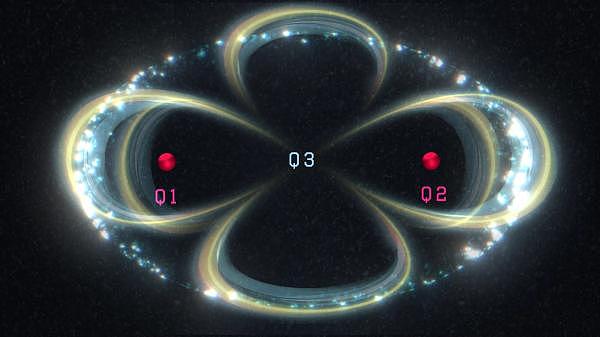 三量子位的量子纠缠态，红点为磷原子的量子位，闪亮的椭圆为电子自旋，图片来自新南威尔士大学