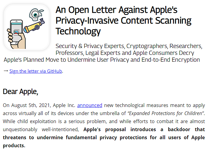 拒绝后门：公开信呼吁苹果停止实施CSAM虐童图像检测系统 - 1