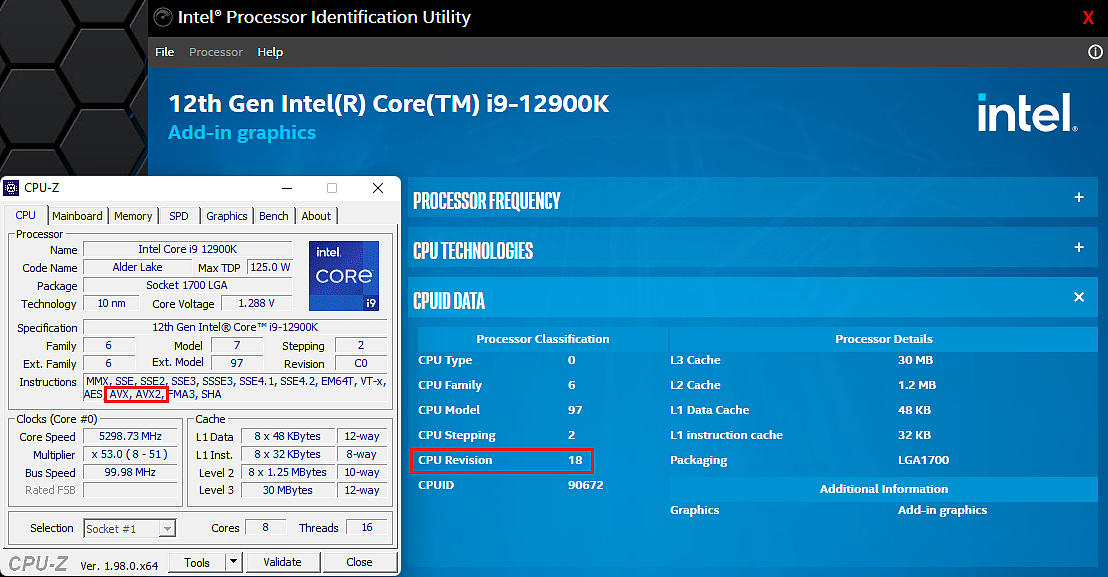 i9-12900K 处理器参数、CPU-Z 截图