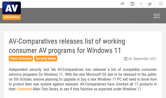 AV-Comparatives公布Windows 11反病毒软件兼容性列表 - 2