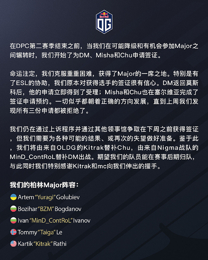 OG官方：Misha和Chu签证受阻 Kitrak、MinD_ContRoL替补出战Major - 1