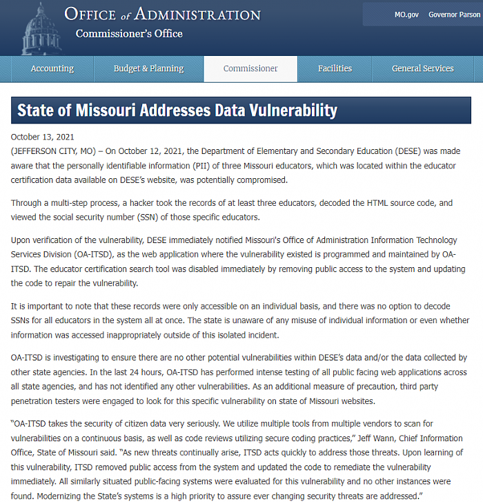 密苏里州州长重申将起诉查看教育部门网站源代码的记者 - 2