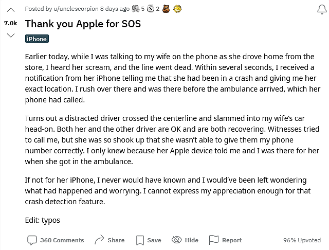 苹果 iPhone 14“车祸检测”功能立功，成功帮助男子救出爱妻 - 1