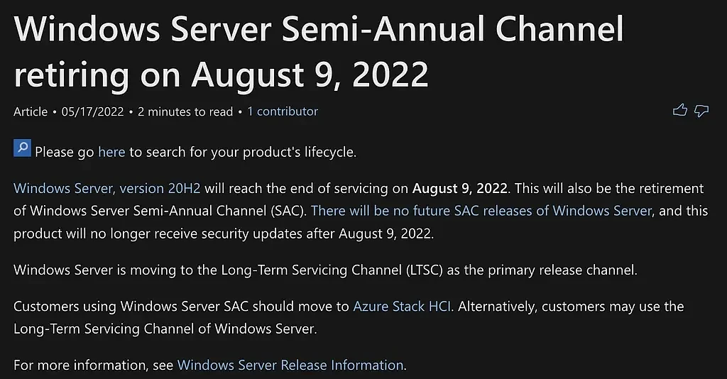 微软今日起停止对Windows Server 20H2版提供更新支持 - 1