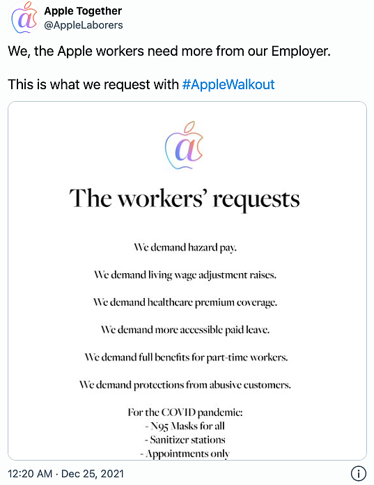 数十名苹果员工在平安夜罢工 要求改善工作条件 - 1
