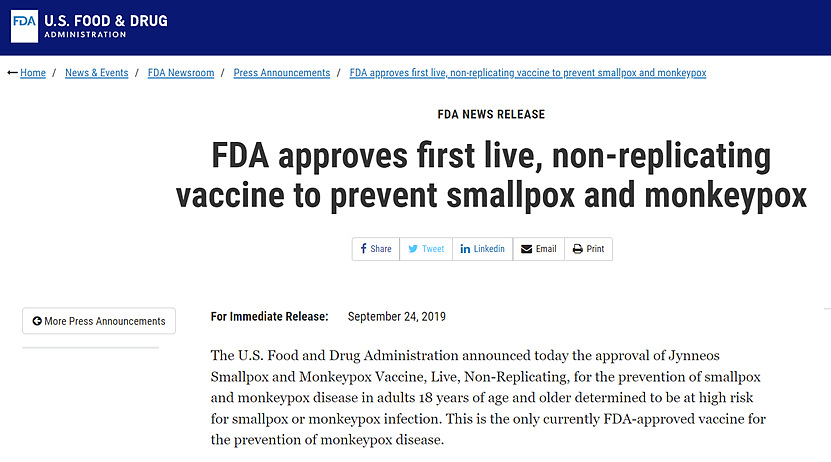 FDA官网公布其批准JYNNEOS疫苗消息截图。