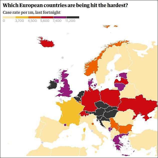 欧洲疫情地图（近两周每百万人确诊数） 图源：《卫报》