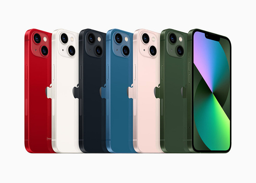 红色、星光色、午夜色、蓝色、粉色和全新绿色 iPhone 13