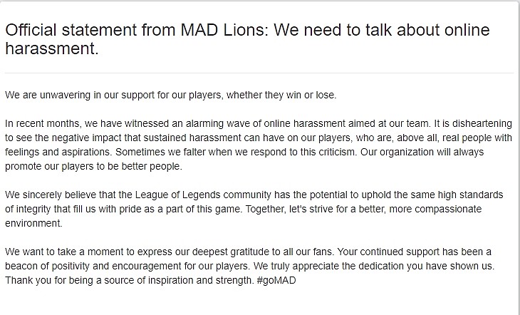 LEC春冠战队MAD发公告谈网络骚扰问题：我们坚定不移的支持选手 - 2