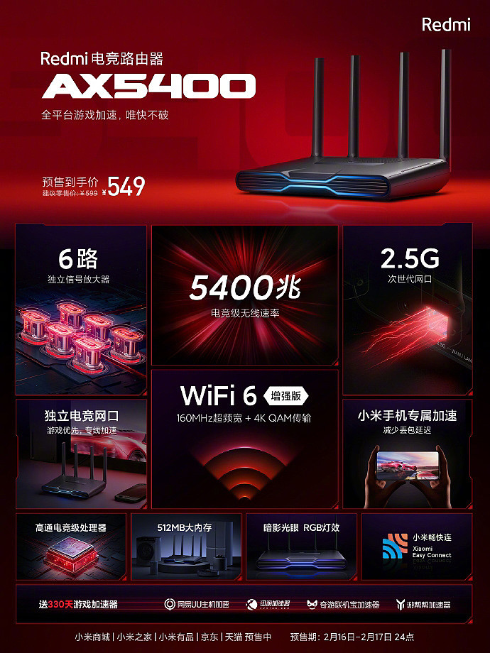 Redmi 电竞路由器 AX5400 今日开售：5400 兆无线速率、独立电竞网口，售价 599 元 - 2
