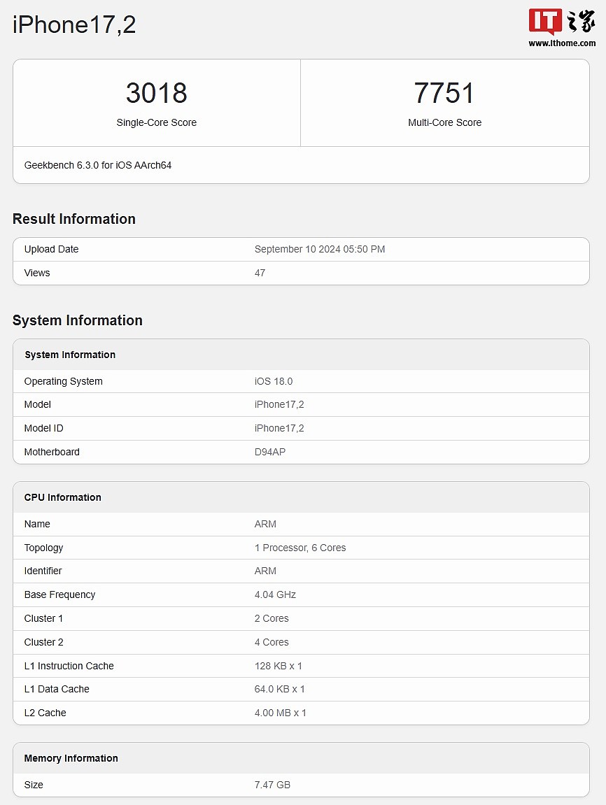 苹果 iPhone 16 Pro 系列“正常”跑分出炉：A18 Pro 单核 3409 分、多核 8492 分 - 4